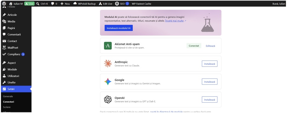 WordPress admin dashboard showing AI module manager with options Akismet, Anthropic, Google, and OpenAI (left sidebar visible).