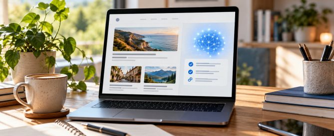 Laptop cu un blog și o reprezentare a unui asistent AI pentru optimizarea articolelor.