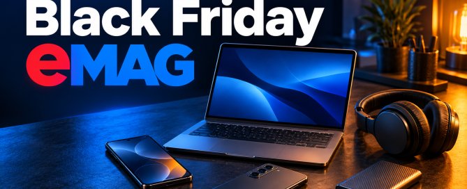 Textul Black Friday eMAG alături de un laptop, două telefoane, căști și un SSD extern, pe un birou iluminat în albastru și auriu.