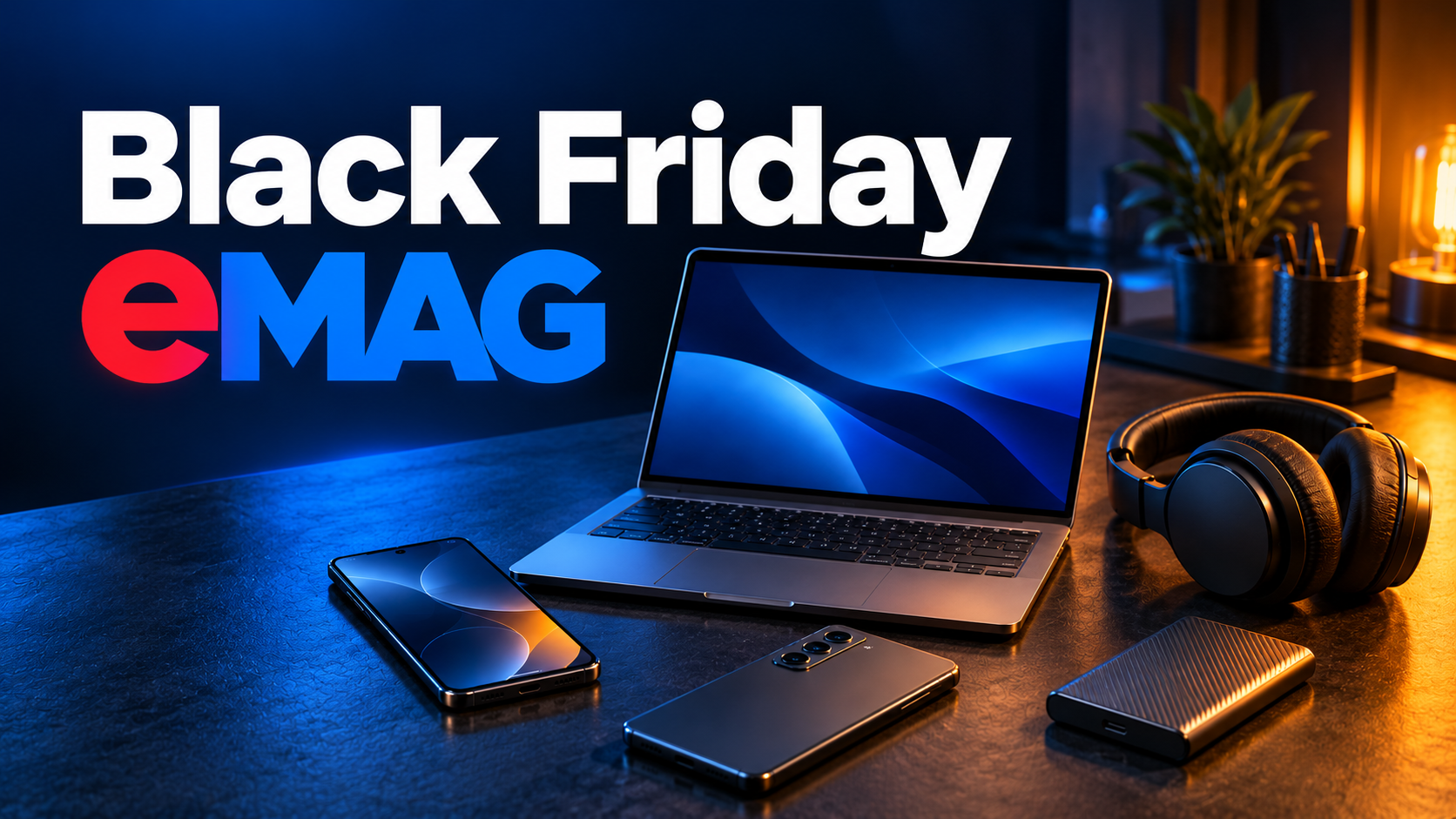 Black Friday eMAG 2026 – laptopuri, telefoane și accesorii Textul Black Friday eMAG alături de un laptop, două telefoane, căști și un SSD extern, pe un birou iluminat în albastru și auriu.
