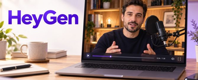 Laptop cu un prezentator virtual lângă un microfon de podcast, pe fundal de bibliotecă, și textul HeyGen.