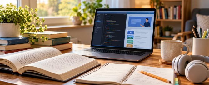 Cărți, caiet de studiu și laptop pentru învățarea programării și a limbilor străine.