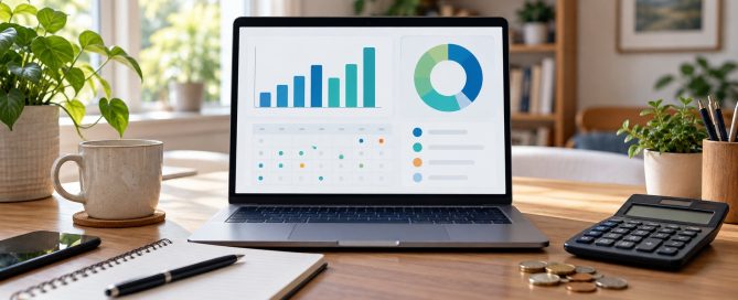 Laptop cu grafice de buget și calendar financiar, alături de un calculator și monede.